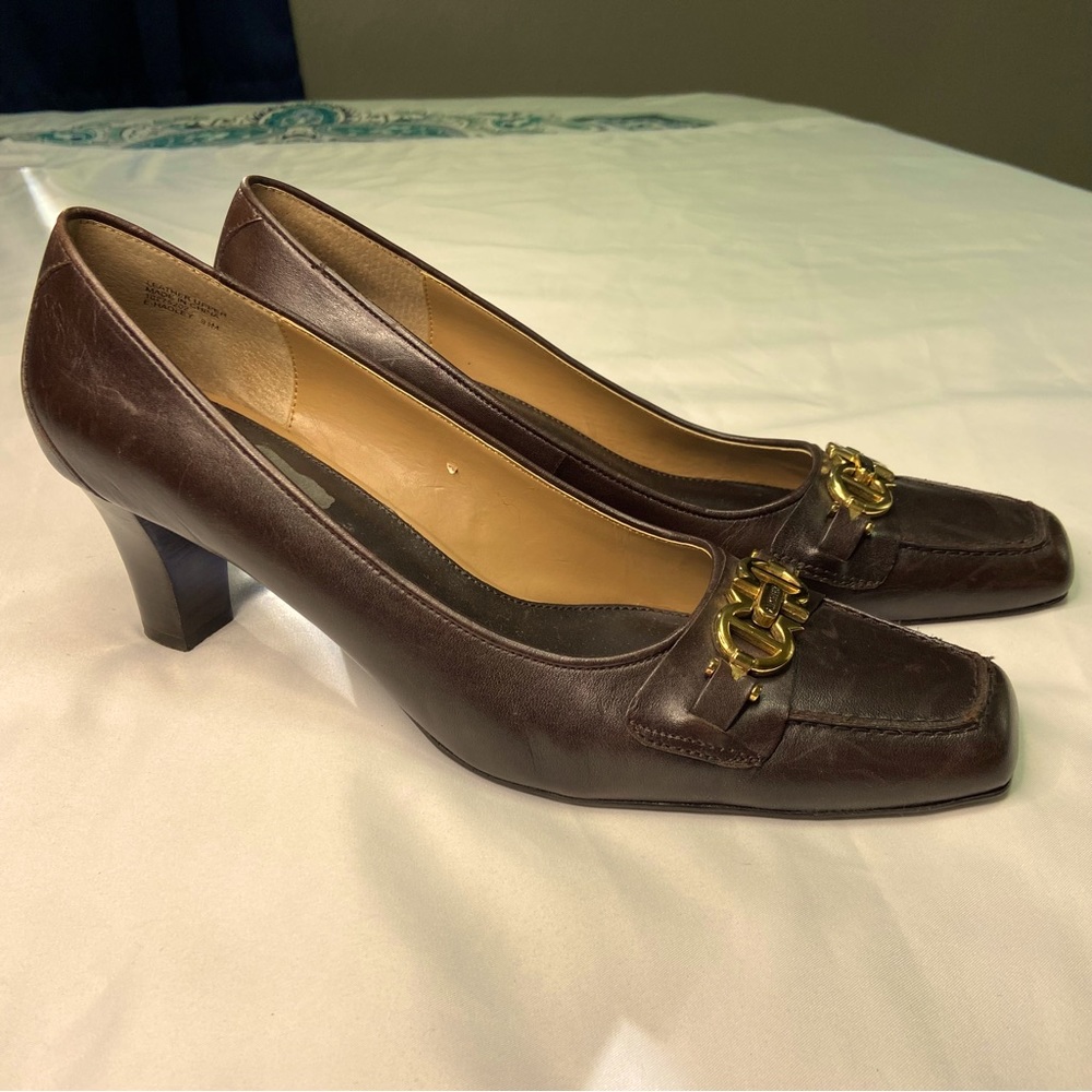 Etienne Aigner Brown Leather Square Toe Heels Pumps Gold Belt Women 9.5